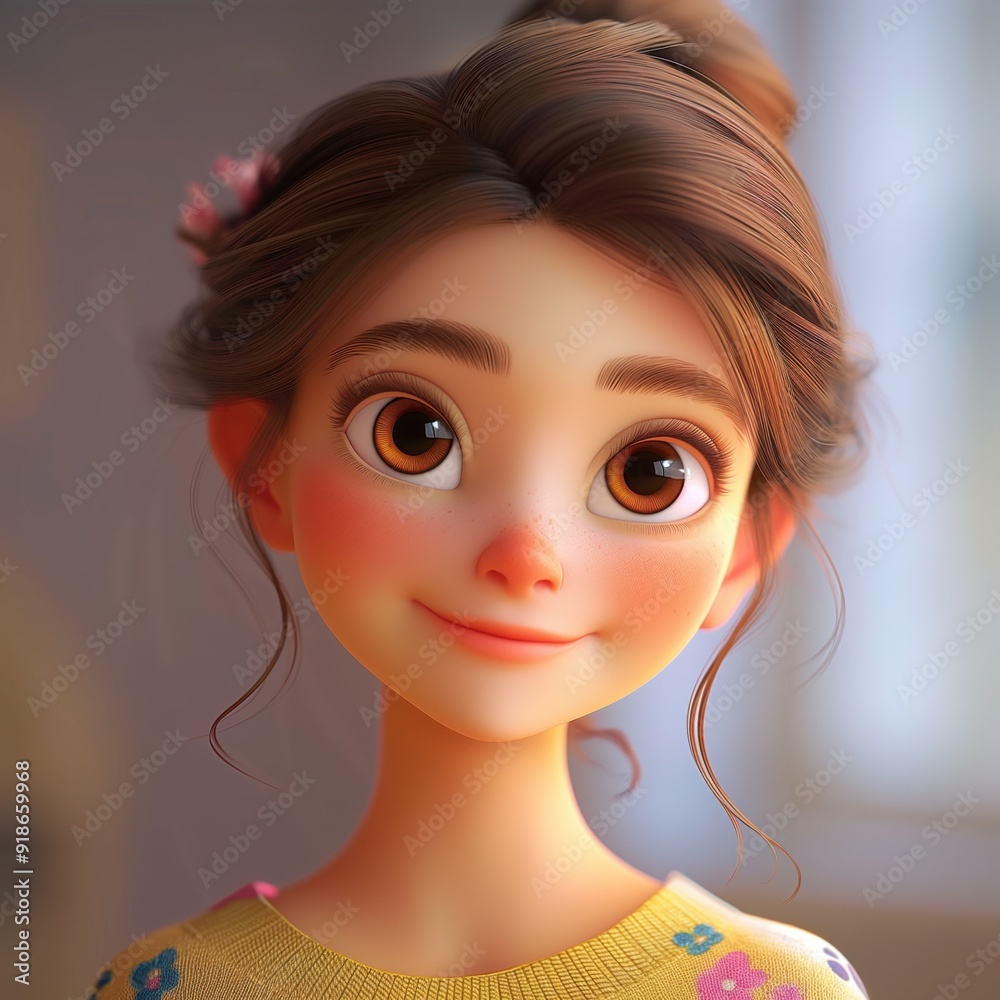 3D cartoon woman with brown hair in a bun, smiling warmly, wearing a floral-patterned sweater against a softly lit background 3D cartoon woman with brown hair in a bun, smiling warmly, wearing a floral-patterned sweater against a softly lit background