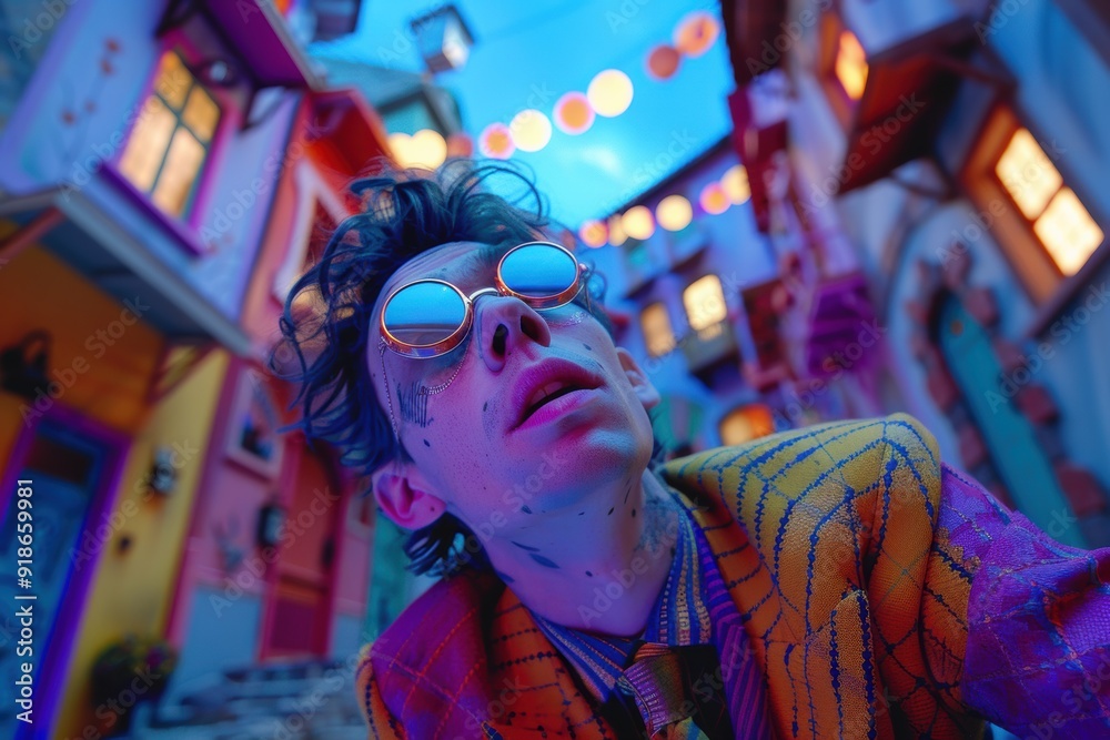 Obraz premium A Man in Sunglasses Gazes Up at the Whispering Village