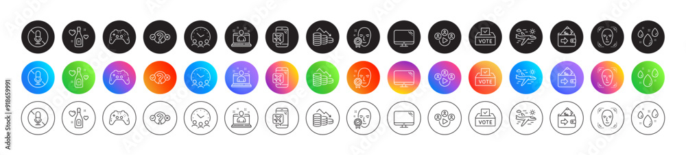 Gamepad, Quiz test and Rainy weather line icons. Round icon gradient buttons. Pack of Wallet, Love champagne, Video conference icon. No microphone, Money loss, Meeting time pictogram. Vector Gamepad, Quiz test and Rainy weather line icons. Round icon gradient buttons. Pack of Wallet, Love champagne, Video conference icon. No microphone, Money loss, Meeting time pictogram. Vector