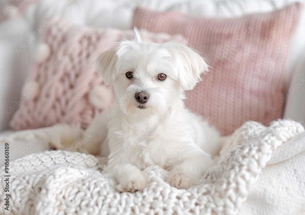 Adorable Small White Dog Relaxing on Cozy Pink and White Blankets