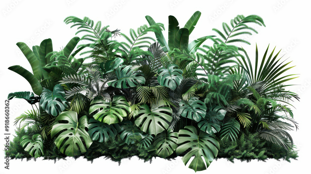 Obraz premium Tropical plants bush with lush green monstera, palm, rubber plant, pine, and fern, cut out