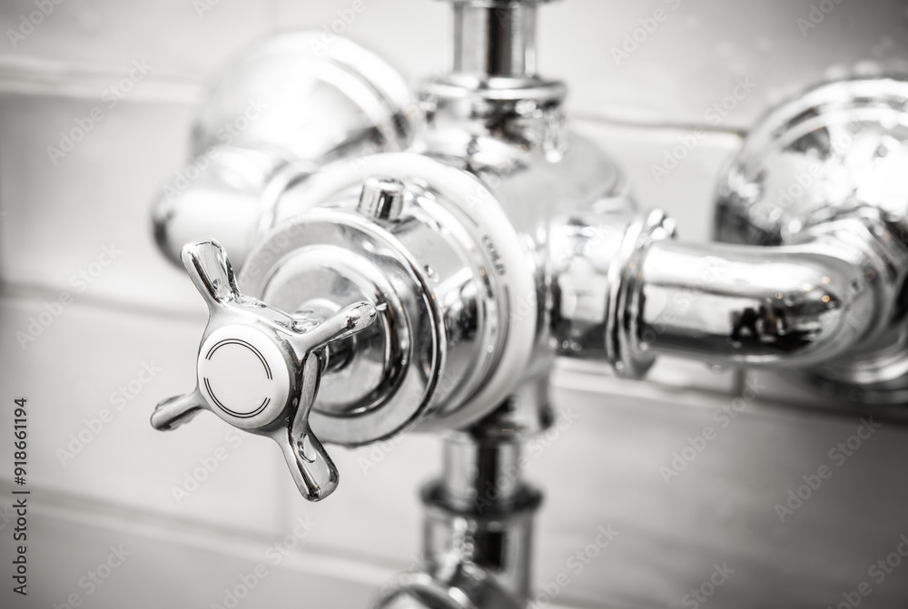 Elegant Chrome Faucet Handle in Modern Bathroom Setting: A Detailed Close-Up of Plumbing Fixture and Design Elegant Chrome Faucet Handle in Modern Bathroom Setting: A Detailed Close-Up of Plumbing Fixture and Design