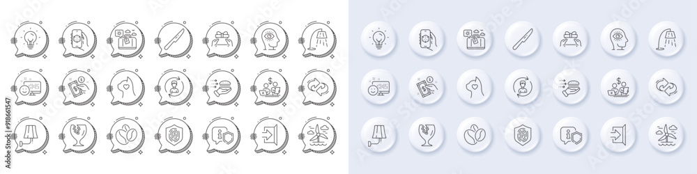 Exit, Table knife and Coffee beans line icons. White pin 3d buttons, chat bubbles icons. Pack of Smile, Budget accounting, Pets care icon. Refresh, Travel luggage, Fingerprint pictogram. Vector Exit, Table knife and Coffee beans line icons. White pin 3d buttons, chat bubbles icons. Pack of Smile, Budget accounting, Pets care icon. Refresh, Travel luggage, Fingerprint pictogram. Vector