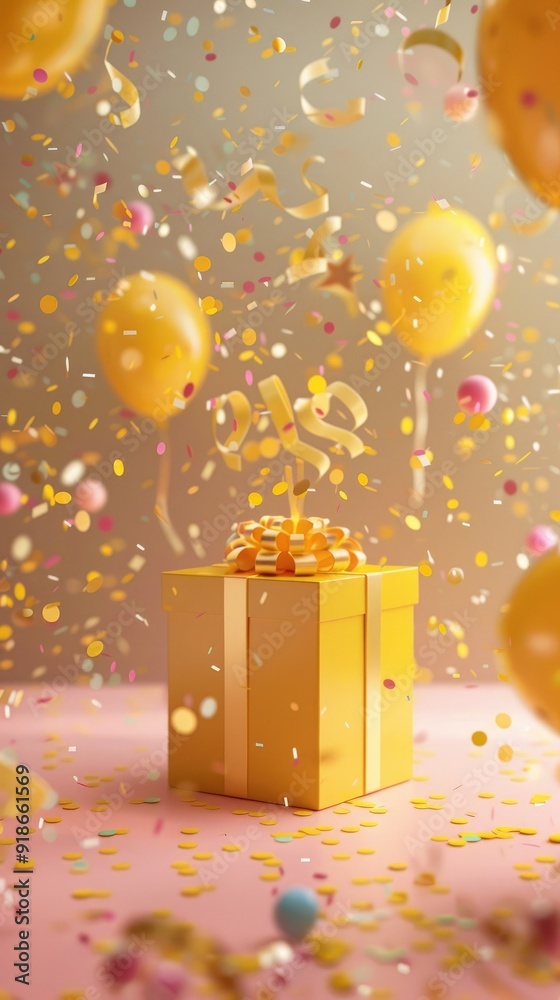 yellow gift party box with gold ribbon bow on background with balloons, confetti.Space for text,party concept or birthday celebration. yellow gift party box with gold ribbon bow on background with balloons, confetti.Space for text,party concept or birthday celebration.