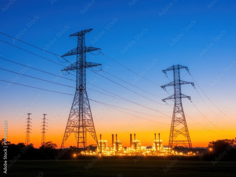Silhouetted power lines against a vibrant sunset, showcasing an industrial landscape with power station in the background. Silhouetted power lines against a vibrant sunset, showcasing an industrial landscape with power station in the background.