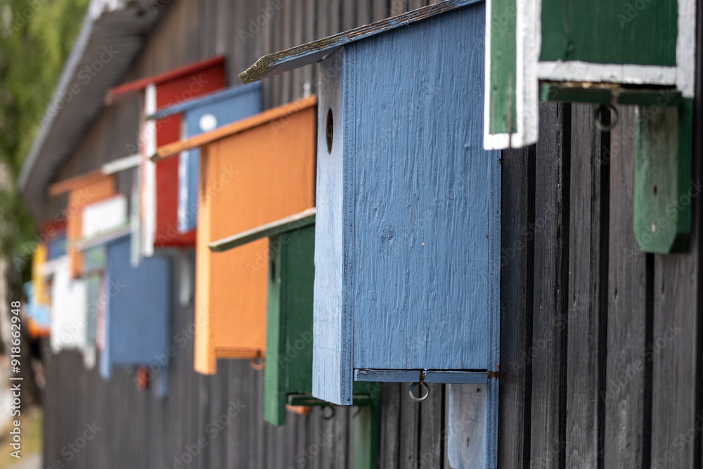Colorful Birdhouses on Wooden Wall Colorful Birdhouses on Wooden Wall
