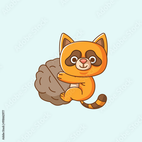 Cute raccoon hug nut hanging kawaii chibi character mascot illustration outline style