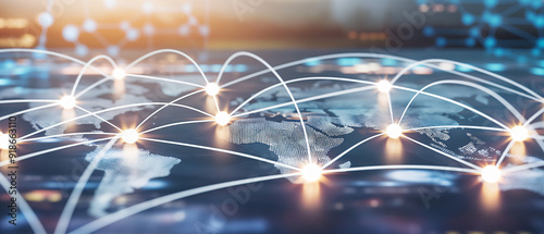The artwork depicts a global network, showcasing bright nodes connected by lines over a digital world map against a warm, glowing background
