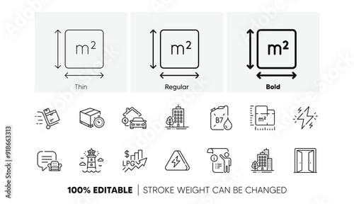 Manual doc, Power and Lighthouse line icons. Pack of Buildings, Lounge place, Rise price icon. Open door, Home charging, Diesel canister pictogram. Floor plan, Skyscraper buildings. Line icons. Vector