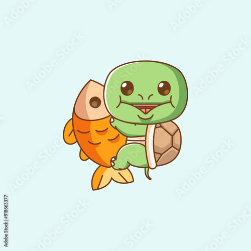 Cute turtle hug fish hanging kawaii chibi character mascot illustration outline style