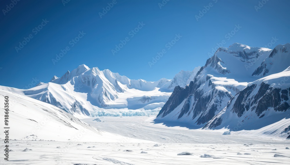 Naklejka premium Snowy Mountain Range with Glacier Valley.