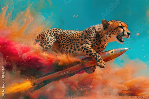 Cheetah Chases Rocket Through Colorful Sky photo