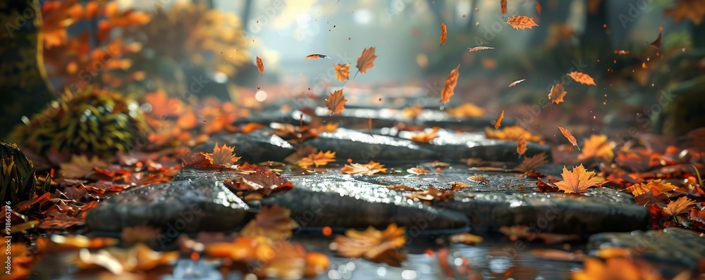 Leaves falling onto an autumn stone path Leaves falling onto an autumn stone path
