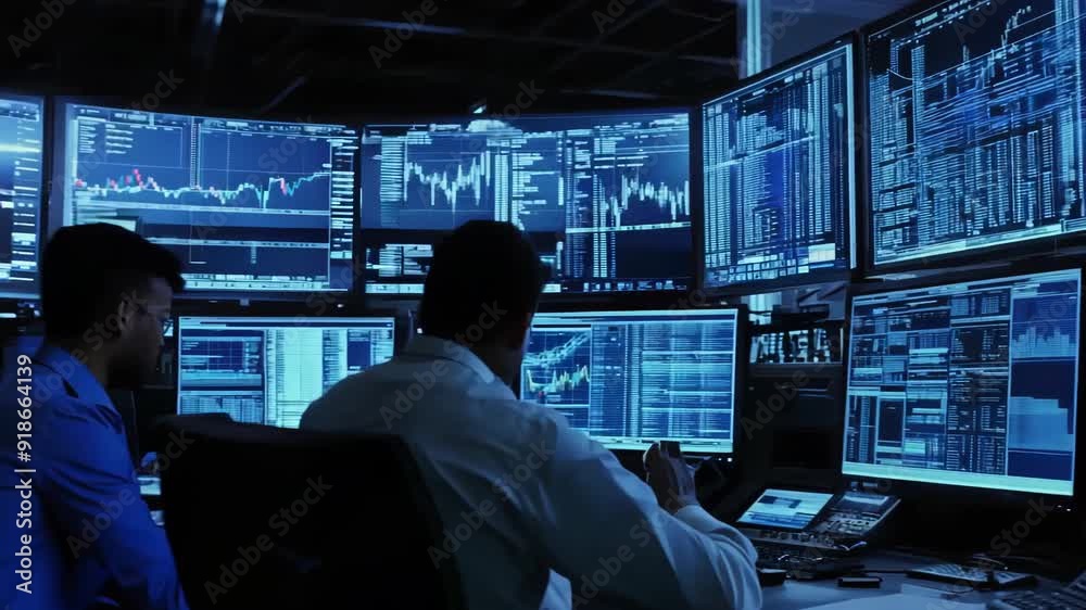 Brokers analyze data on multiple screens in dimly lit trading room. Blue glow from monitors illuminates focused professionals. Panoramic view showcases high-tech financial operations. Brokers analyze data on multiple screens in dimly lit trading room. Blue glow from monitors illuminates focused professionals. Panoramic view showcases high-tech financial operations.