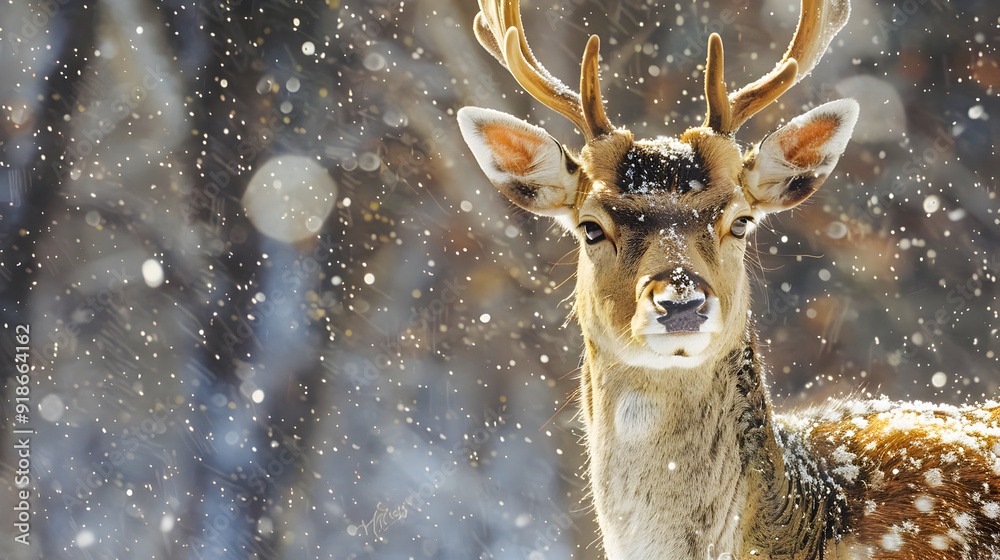 Majestic male deer standing in a snowy winter wonderland with falling snow flakes Picturesque landscape with frosty trees and a serene peaceful atmosphere Majestic male deer standing in a snowy winter wonderland with falling snow flakes Picturesque landscape with frosty trees and a serene peaceful atmosphere