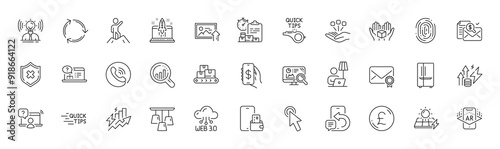 Tutorials, Web3 and Recycling line icons. Pack of Seo analytics, Wholesale goods, Upload photo icon. Augmented reality, Accounting report, Fingerprint pictogram. Leadership, Pound money. Vector