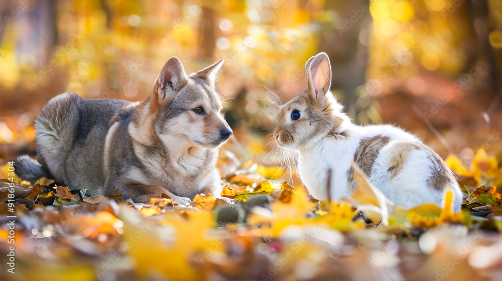 A curious canine and a playful rabbit explore the vibrant autumnal woodland scene with colorful fallen leaves and a serene natural environment A curious canine and a playful rabbit explore the vibrant autumnal woodland scene with colorful fallen leaves and a serene natural environment