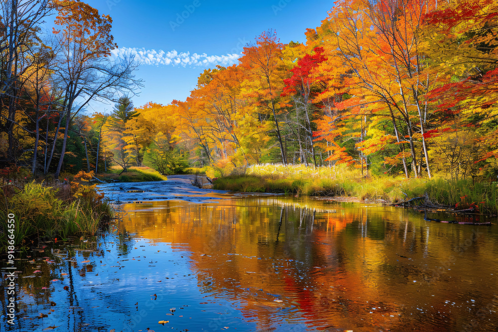 A tranquil river meanders through a vibrant autumn forest, with colorful leaves reflected in the water. Generative Ai A tranquil river meanders through a vibrant autumn forest, with colorful leaves reflected in the water. Generative Ai