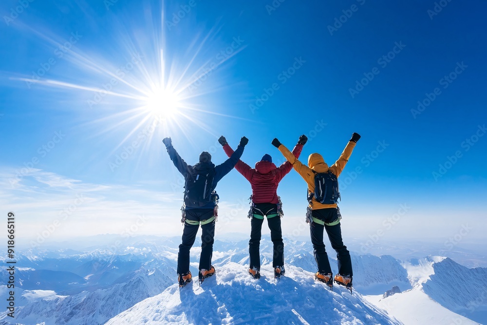 Three Climbers Rejoice on Snowy Peak Under Bright Sun in Clear Sky Three Climbers Rejoice on Snowy Peak Under Bright Sun in Clear Sky