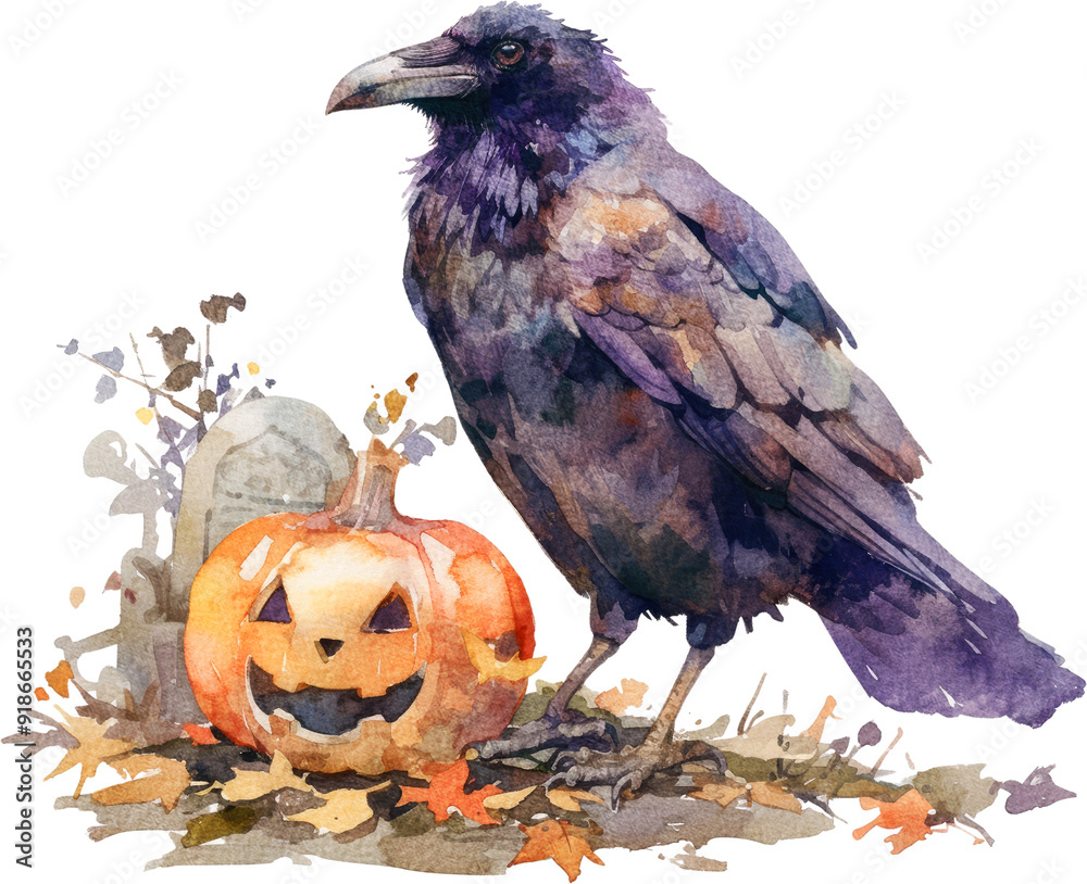 Fototapeta premium crow raven bird halloween holiday watercolor textured isolated animal clipart fear scary horror mood fall autumn