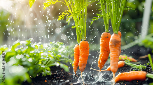 Ripe orange carrots plant growing in greenhouse with water spray creating a vibrant backlit setting that highlights the freshness and healthy growth of the vegetable produce