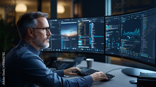 Middle-Aged Male Software Developer Working Late Night at Multi-Monitor Office Setup