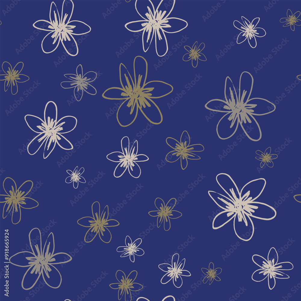Seamless floral pattern with stylized daisy flowers. Hand drawn linear doodle sketches. On blue background. Seamless floral pattern with stylized daisy flowers. Hand drawn linear doodle sketches. On blue background.