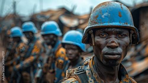 A group of peacekeepers in blue helmets stands in formation, focused and ready to carry out their duties. photo