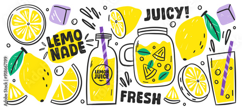 Hand drawn fresh juicy lemon lemonade in glass, jar or jug and fruits, sugar ingredients sketch set