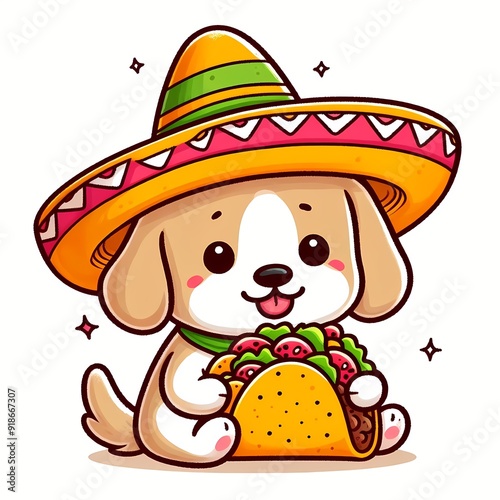 Cute Dog Eating Tacos With Sombrero Hat Cartoon Vector Icon Illustration