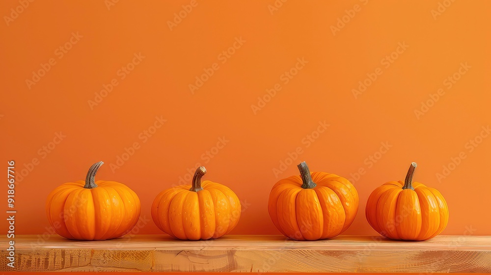 Four small pumpkins sit in a row on a wooden shelf in front of a brown wall. Four small pumpkins sit in a row on a wooden shelf in front of a brown wall.