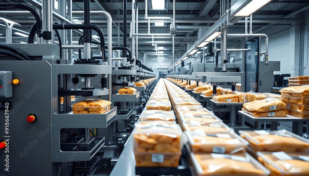 Naklejka premium Automated Packaging Line with Rows of Sealed Products