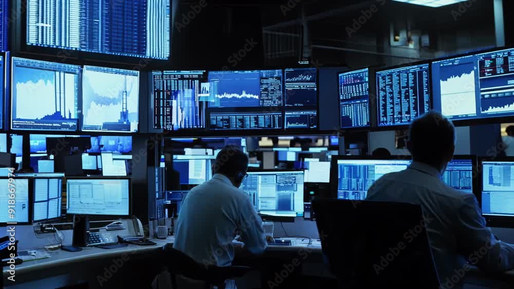 Brokers focus intently on multiple screens in dimly lit trading room. Panning shot reveals workstations filled with financial data. Blue-toned lighting emphasizes high-tech, data-driven environment. Brokers focus intently on multiple screens in dimly lit trading room. Panning shot reveals workstations filled with financial data. Blue-toned lighting emphasizes high-tech, data-driven environment.