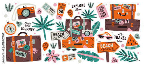 Vintage travel suitcase bags and touristic accessories for trip adventure set with tropical leaves
