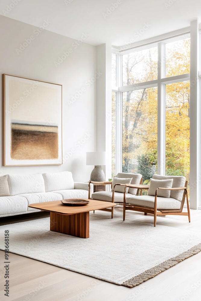 Modern Living Room with Large Windows and Minimalist Decor During Fall Modern Living Room with Large Windows and Minimalist Decor During Fall
