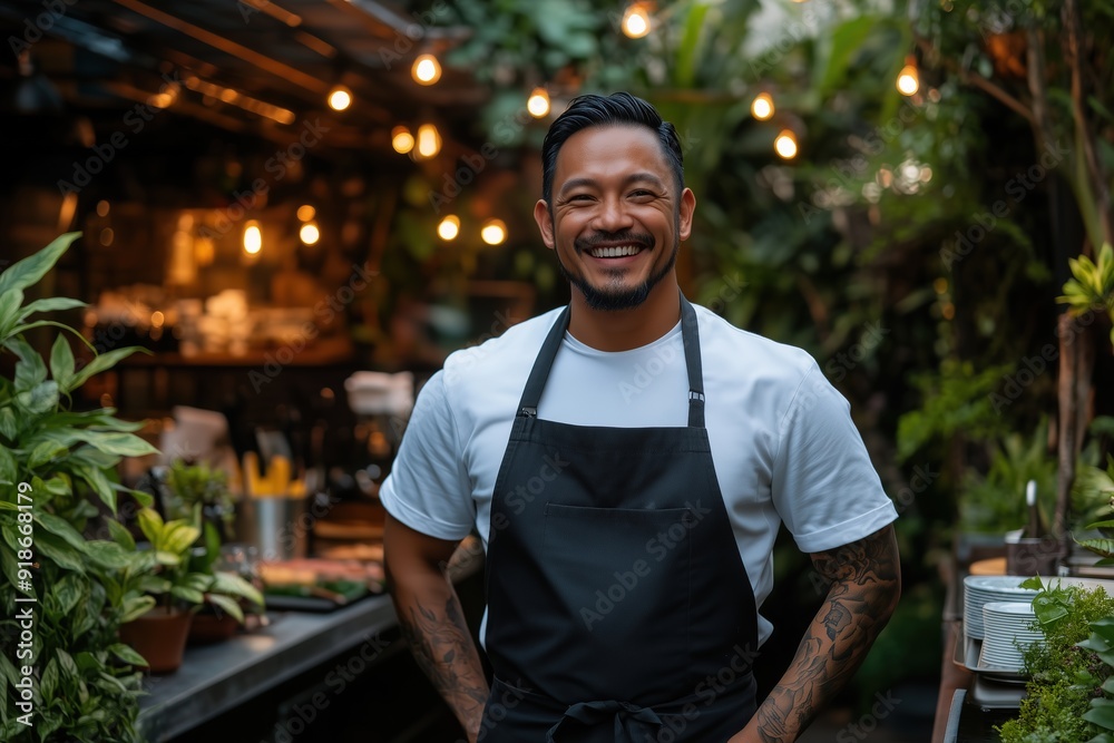 Smiling Asian man chef in an outdoor garden kitchen, surrounded by greenery, wearing a black apron