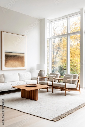Modern Living Room with Large Windows and Minimalist Decor During Fall