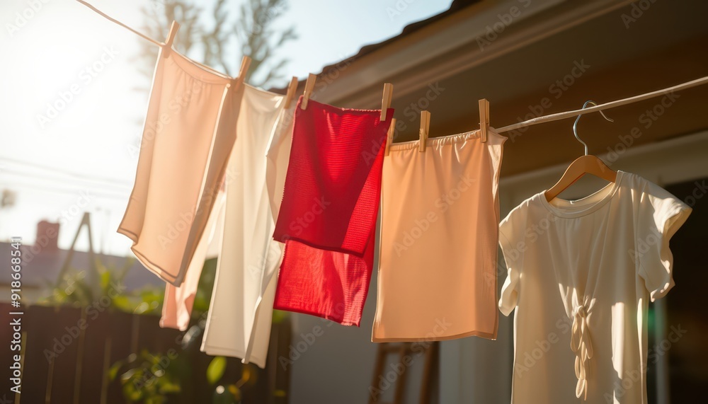Clothes drying on a clothesline in the sun. Clothes drying on a clothesline in the sun.