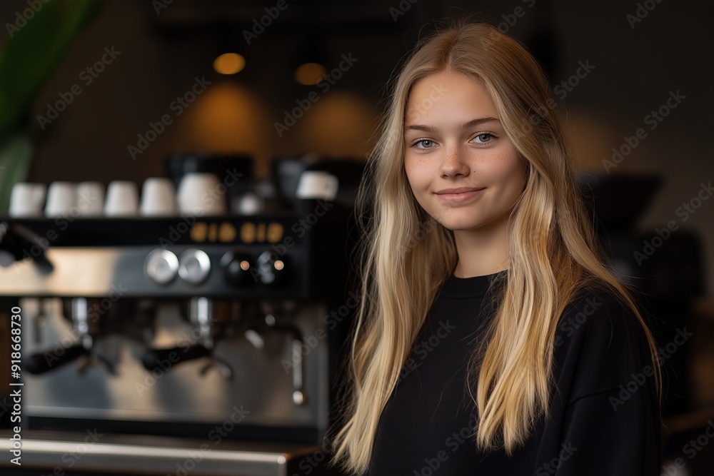 Young blonde Caucasian woman standing in a cozy coffee shop, smiling gently with a warm ambiance Young blonde Caucasian woman standing in a cozy coffee shop, smiling gently with a warm ambiance