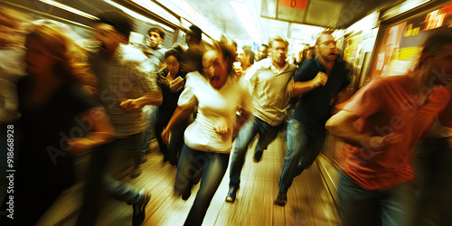 Desperate Dash for Safety: Panicked group of people running through a busy subway station