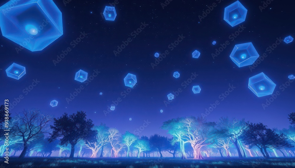 Fototapeta premium Glowing Cubes in a Night Forest.