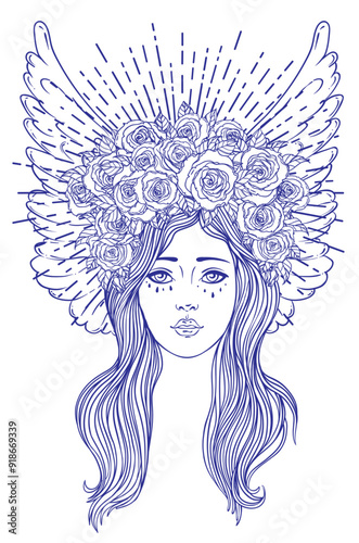 Angel girl with wings, cross, roses and halo. Isolated hand drawn vector illustration. Trendy Vintage style element. Spirituality, occultism, alchemy, magic.