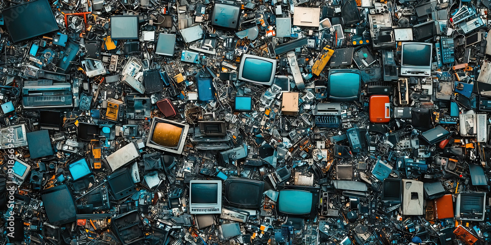 E-Waste Explosion: A wall of old electronics, including outdated computers, monitors and phones E-Waste Explosion: A wall of old electronics, including outdated computers, monitors and phones
