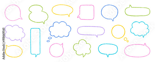 Chalk pencil speech bubbles doodle set. Crayon communication frame, comic talk balloon in sketch style, Grunge texture. Hand drawn vector illustration isolated on white background