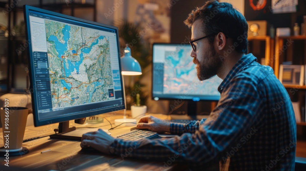 A man seated at a desk, analyzing geographic data on a computer with maps displayed on the screen. Maps are visible on the monitor