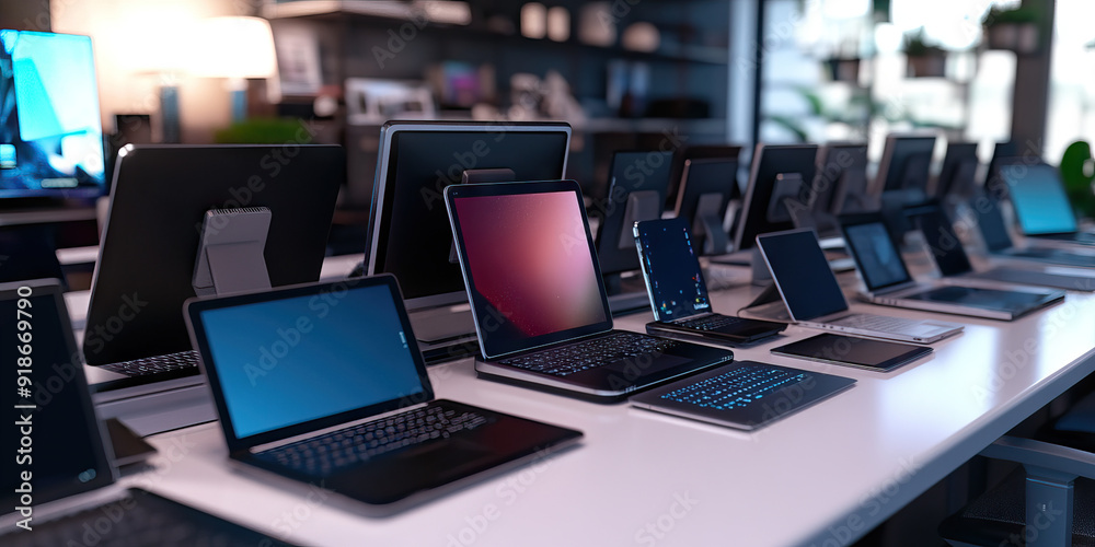 Electronic Eden: A pristine workspace, with neat rows of sleek laptops, tablets and smartphones Electronic Eden: A pristine workspace, with neat rows of sleek laptops, tablets and smartphones