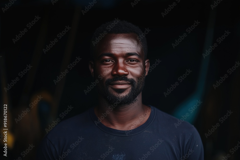 Obraz premium Smiling young African man with a beard, standing in a workshop, relaxed and warm atmosphere