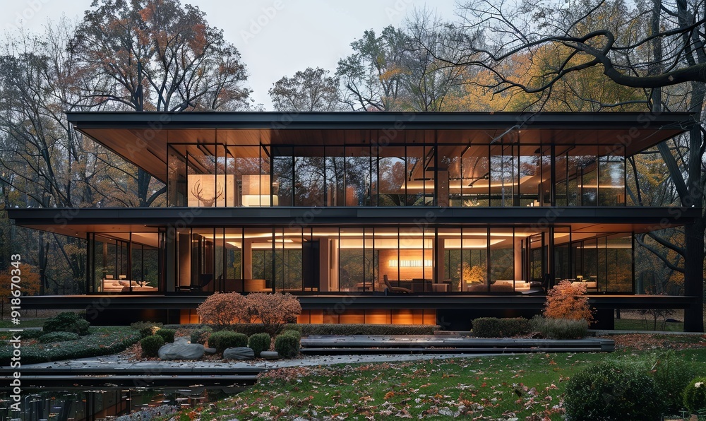 Luxurious glass home with floor-to-ceiling windows.