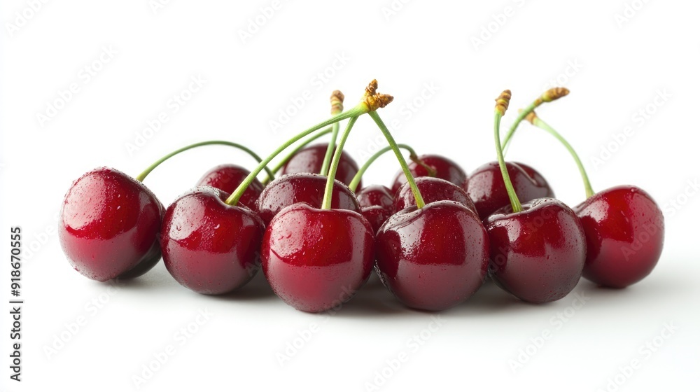 Fresh Red Cherries with Green Stems on a White Background Fresh Red Cherries with Green Stems on a White Background