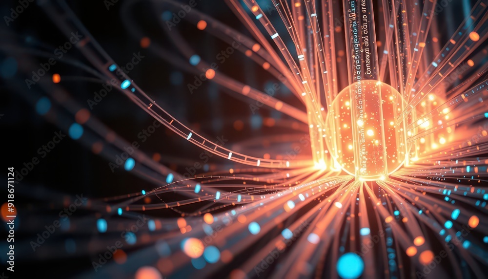 Obraz premium Abstract Digital Network Data Flow with Orange and Blue Lights.